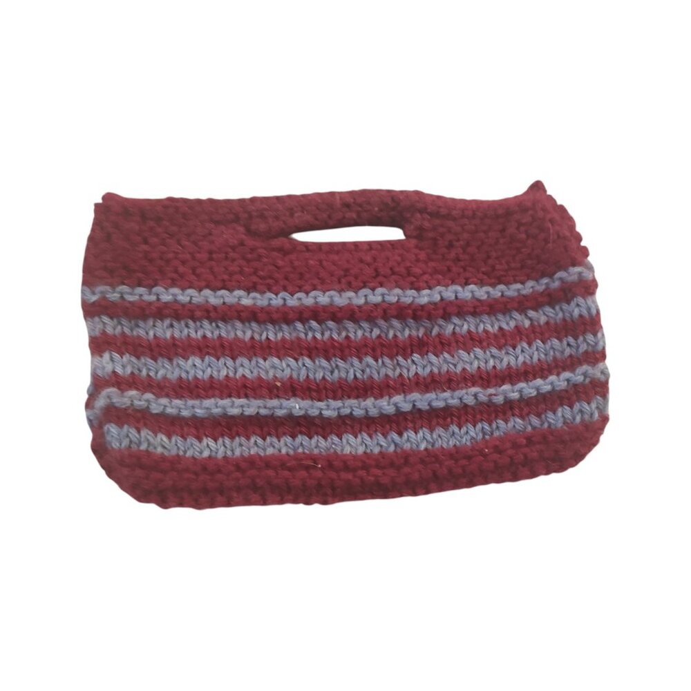 Handmade/Homemade Small Knit Purse Bag Maroon Red and Blue Stripes Used